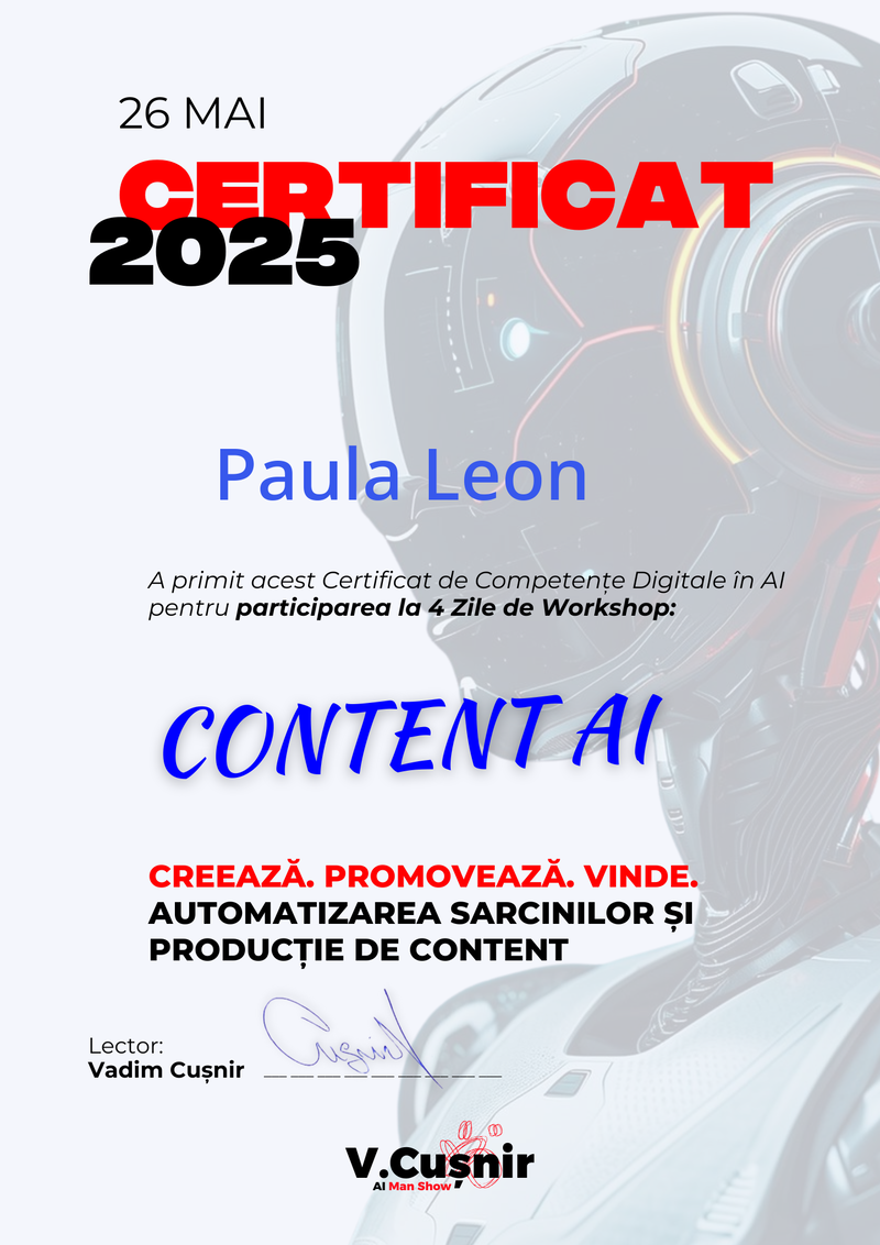 Certificat Content AI — Automatizarea Sarcinilor & Producție de Content, Paula Leon